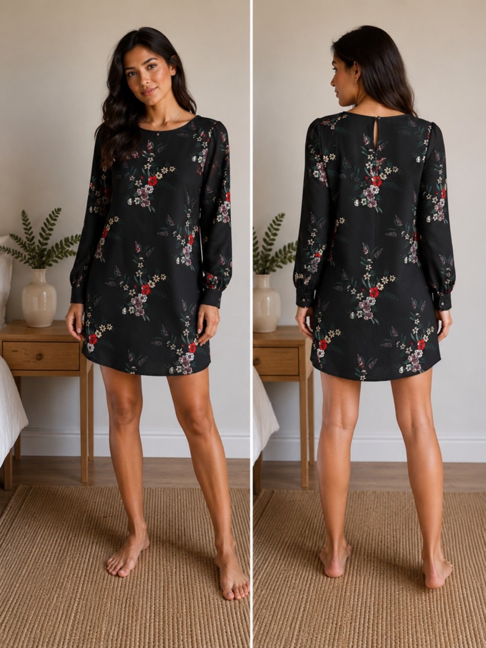 H&M Black Floral Mini Dress with Long Sleeves